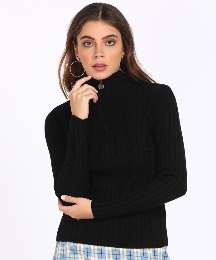 High Neck Casual Women Black Sweater 