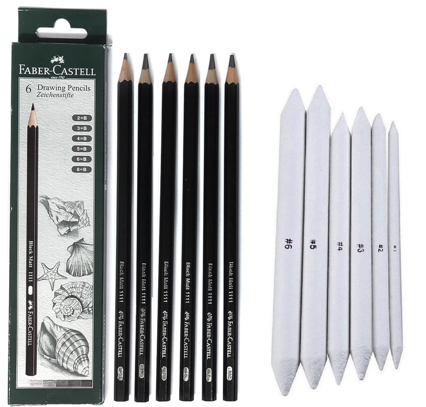 Definite Art FABER CASTELL Drawing Graded Pencils - 2B, 3B, 4B, 5B, 6B and 8B (Pack of 6) + Blending/Smudging Stumps Set of 6 (Size 1 to 6); Pre-Sharpened Pencil(Black)