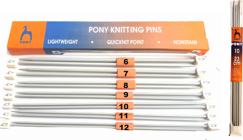Artonezt Pony Lightweight Single Point Knob Aluminium Knitting Pins/Knitting Needles (Grey, Size No. 6 to 12, Length 25cm) Along with Neck Needles Set of 4 (Size No. 10) Knitting Pin(Pack of 10)