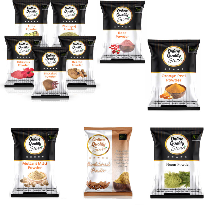 Online Quality Store Multani Mitti + Chandan + Orange Peel + Neem + Rose + Amla + Reetha + Shikakai + Bhringraj + Hibiscus_900g(900 g)