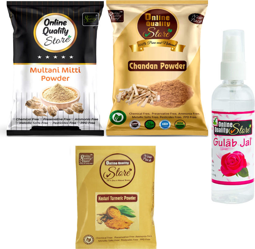 Online Online Quality Store Multani Mitti (200g) + Kasturi Turmeric Powder (50g) + Sandalwood Powder Pure Organic For Skin Whitening (50g) + Pure Rose Wate (100ml)-Total(400 g) - Flipkart Deal