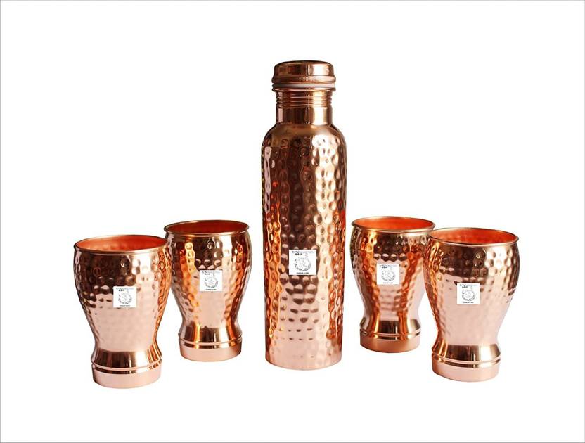 Thathera Copper Tamba Hammered Bottle with Copper Hammered 4 Glass (350