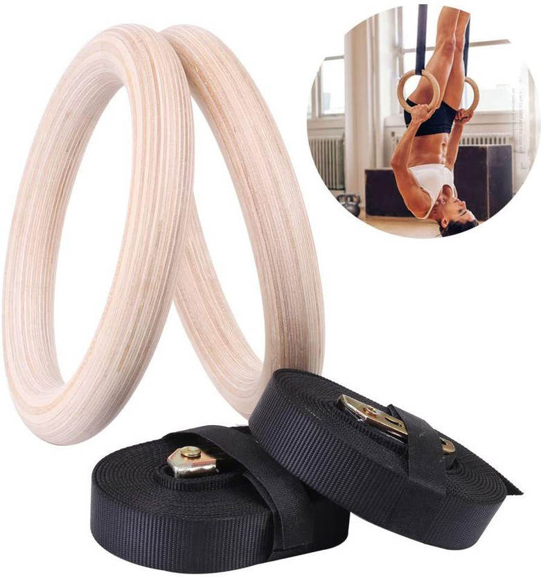 Khargadham Gymnastic Wooden Rings with Heavy Duty Adjustable Strap,Roman Rings Gym Pilates Ring(Beige, Black)