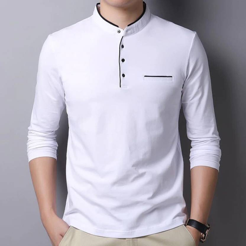EyeBogler Solid Men Mandarin Collar White, Black T-Shirt - Buy ...