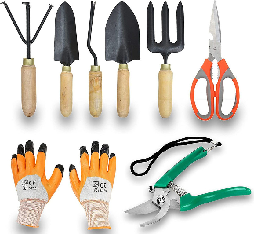 JetFire Gardening Set of 5 With Scissor, Prune Gloves (Wooden) Garden Tool Kit(8 Tools)