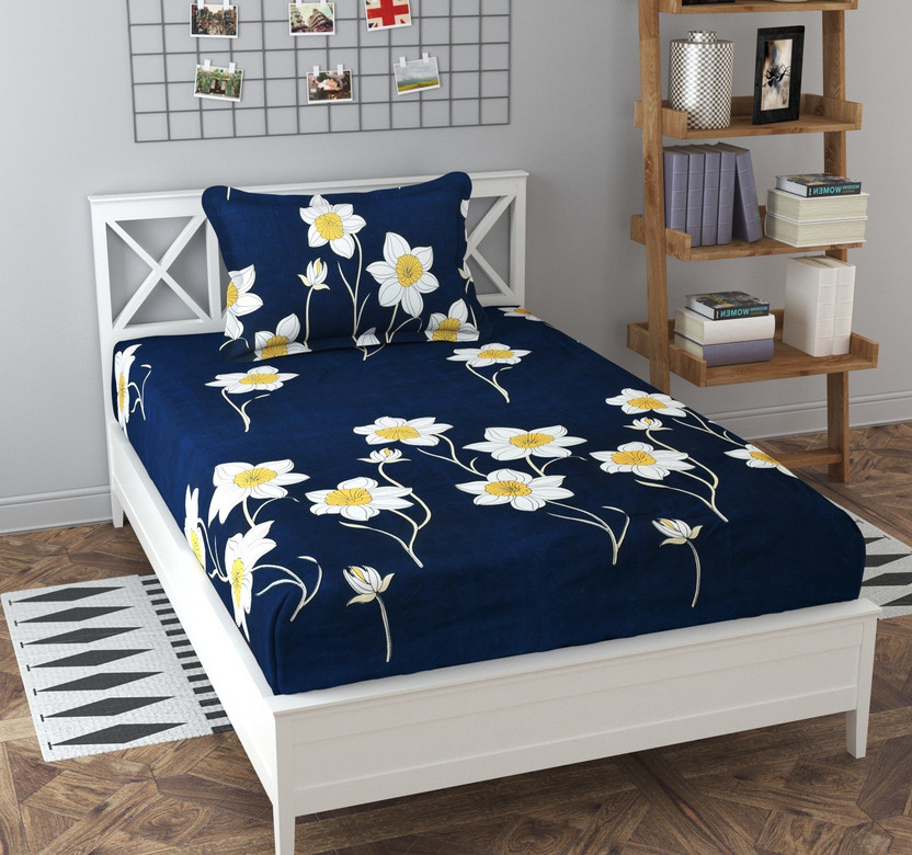 Kawi Polycotton Single Fitted (Elastic) 200 TC Printed 1 Bedsheet with 2 Pillow Covers(Navy Blue)