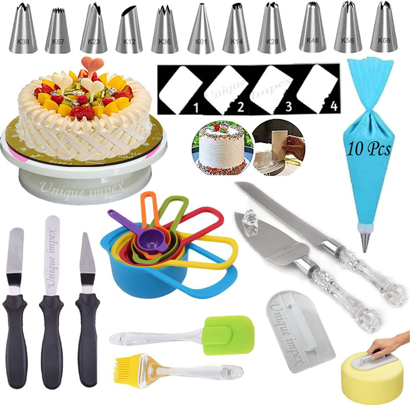 Unique Impex Easy Rotate Cake Turntable + Cake Smoother + 6 Pcs Multi-Color Measuring Spoon + Silicone Spatula and Brush Set + 4 Pcs Scraper set + 12 Piece Cake Decorating Set with Piping Bag + 3 Pcs Multi-Function Stainless Steel Cake Icing Spatula Knife Set+ Stainless Steel Cake Knife and Server S