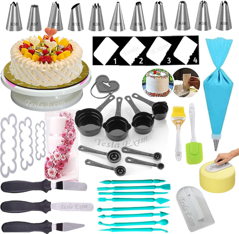 Tesla exim in 1 - Cake Tools Round Easy Rotate Turntable + 8Pcs Black Measuring Cups, Silicone Spatula and Brush Set + Scraper for Cake with 12 Piece Cake Decorating Set Piping Bag + Stainless Steel Cake Knife and Server Set with Acrylic Handle + Cake Smoother (Reusable & Washable) Kitchen Tool Set(
