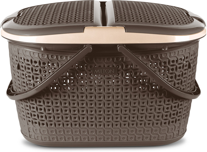 MILTON Polypropylene Pluto Picnic Basket with Two Side Opening Lid and with Handles, 1 Piece, Brown Storage Basket(Pack of 1)