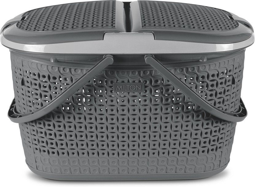 MILTON Polypropylene Pluto Picnic Basket with Two Side Opening Lid and with Handles, 1 Piece, Grey Storage Basket(Pack of 1)