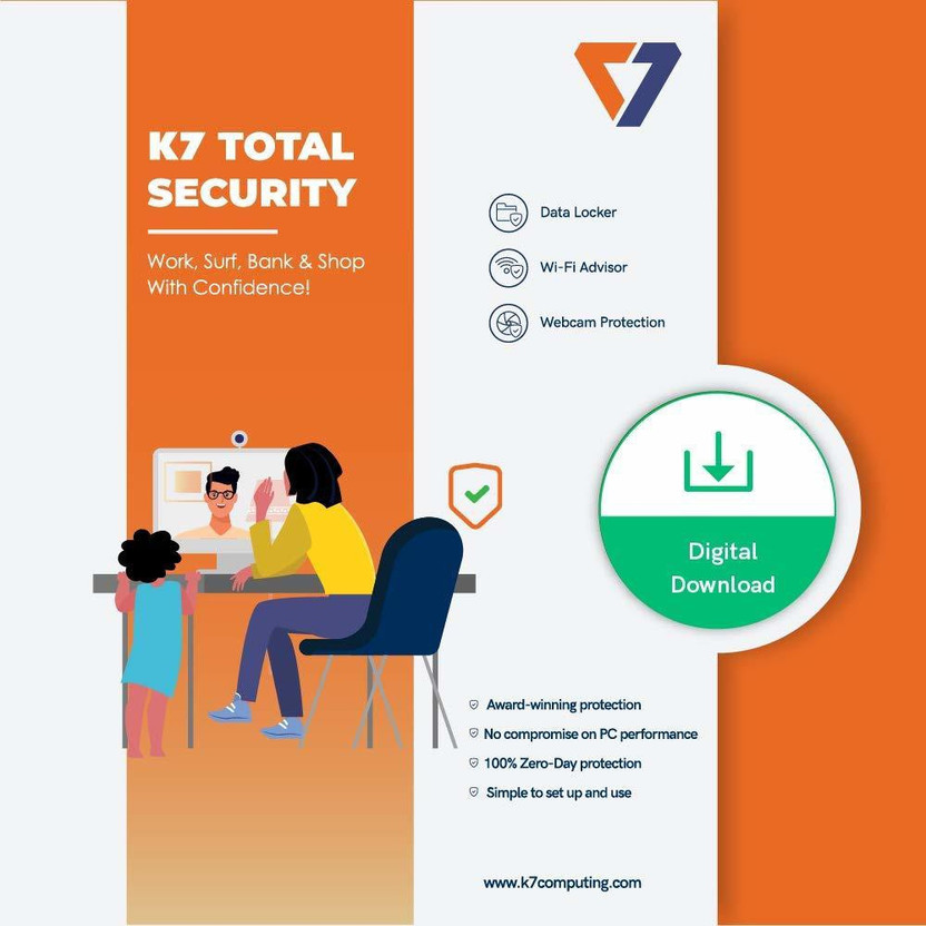K7 Latest Version 1 PC 1 Year Total Security Compatible with Windows (Email Delivery - No CD)(Standard Edition)