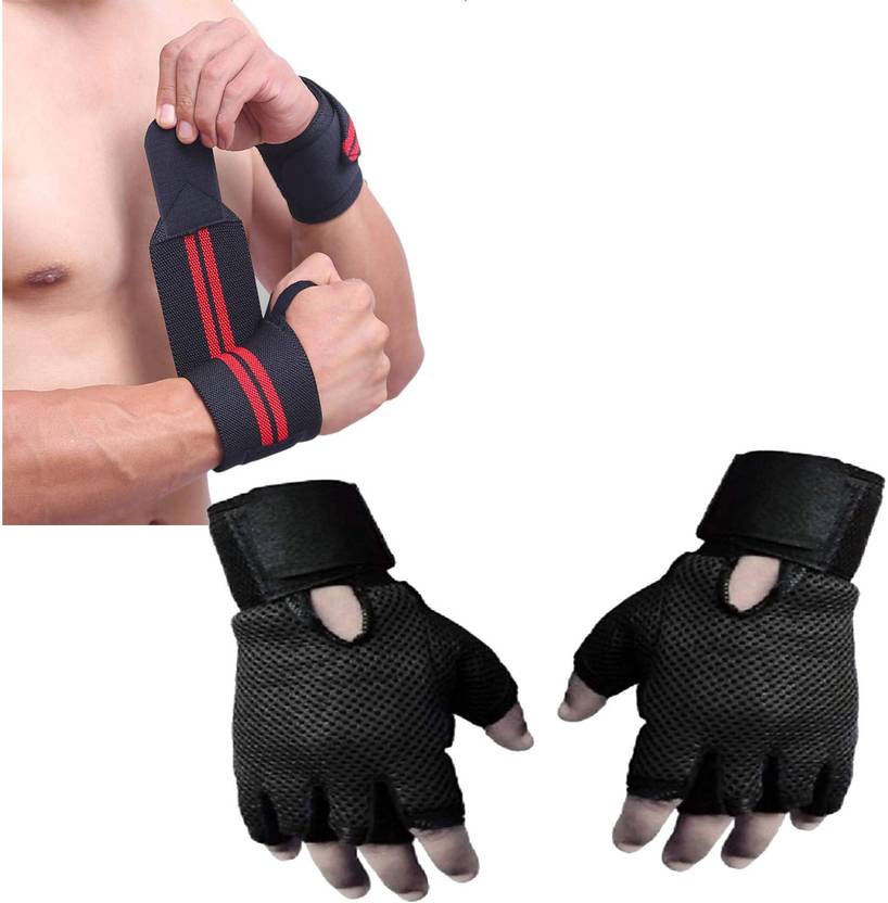 GymWar Combo of Fitness Wrist Gym Gloves + Wrist Support (Red) Gym