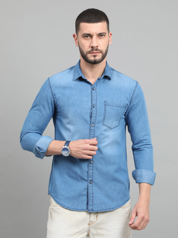 Regrowth Men Solid Casual Blue Shirt