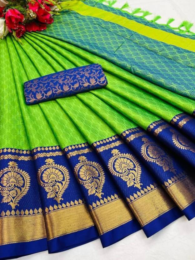 Buy Fancy Fab Printed, Color Block, Temple Border, Ombre, Striped, Woven, Animal  Print, Solid/Plain, Checkered Paithani Art Silk, Cotton Silk Dark Blue,  Light Green Sarees Online @ Best Price In India |