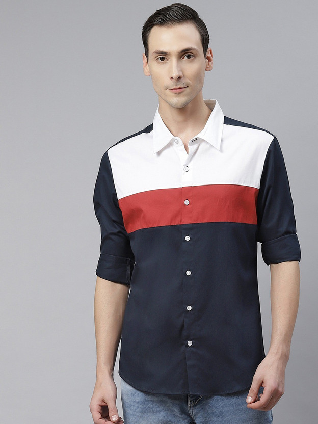 blue cotton color block casual shirt
