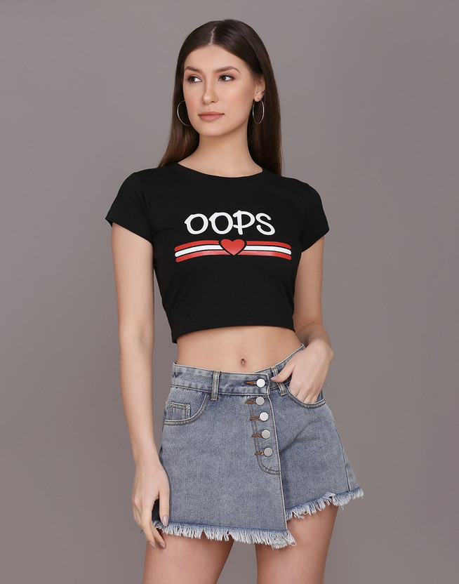 Kamedge Printed Women Round Neck Black T-Shirt