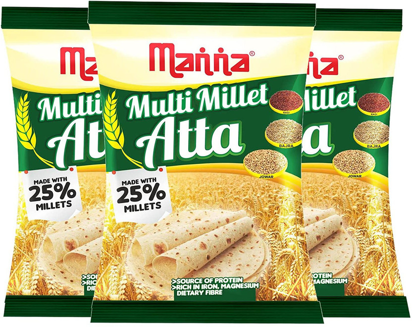 Manna Multi Millet Atta - 3kg (1kg x 3 Packs) - MultiGrain Atta with 25% Millets, Tasty and Healthier Rotis everyday. 100% Natural Flour. Nutrient Powerhouse(3 kg, Pack of 3)