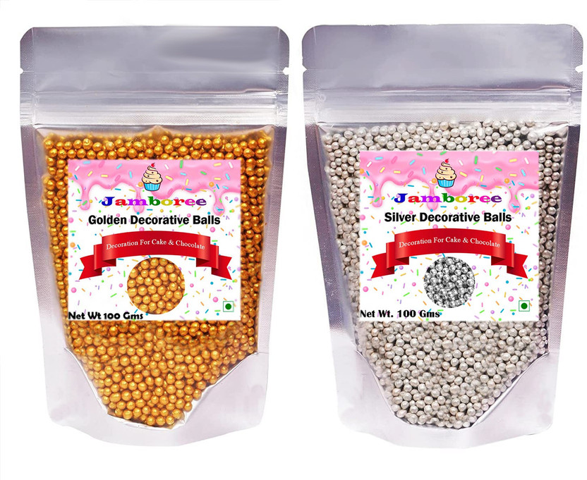 JAMBOREE Golden | Silver | Color Sugar Pin Ball Fudge DIY Cake Baking Sprinkle Sugar Ball Wedding Cake Decoration Sprinkles(200 g, Pack of 2)