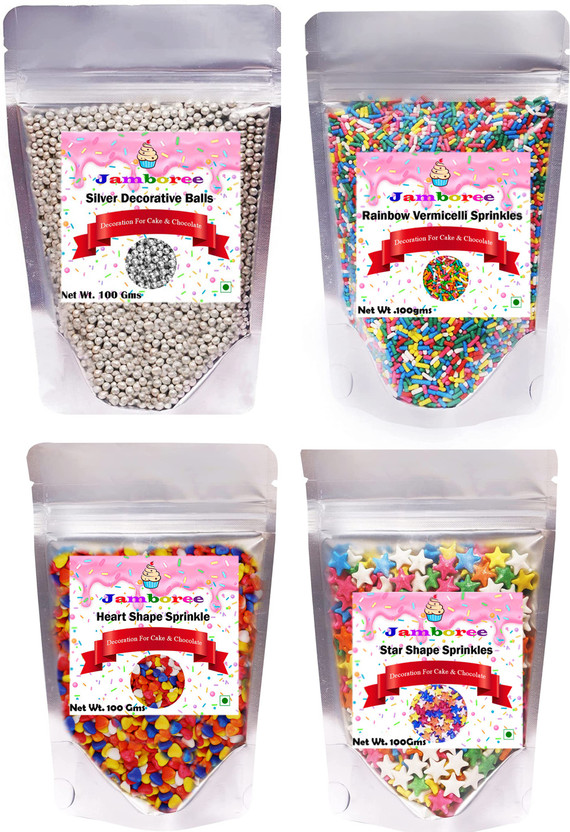 JAMBOREE Heart | Star | Silver | vermicelli | Sugar Mixed Color Sugar Pin Ball Fudge DIY Cake Baking Sprinkle Sugar Sugar Ball Wedding Cake Decoration Sprinkles(400 g, Pack of 4)