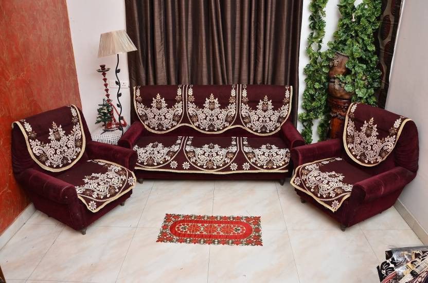 Multitex Cotton 3+2 Seater Sofa Floral Cover(Pack of 6 Maroon)