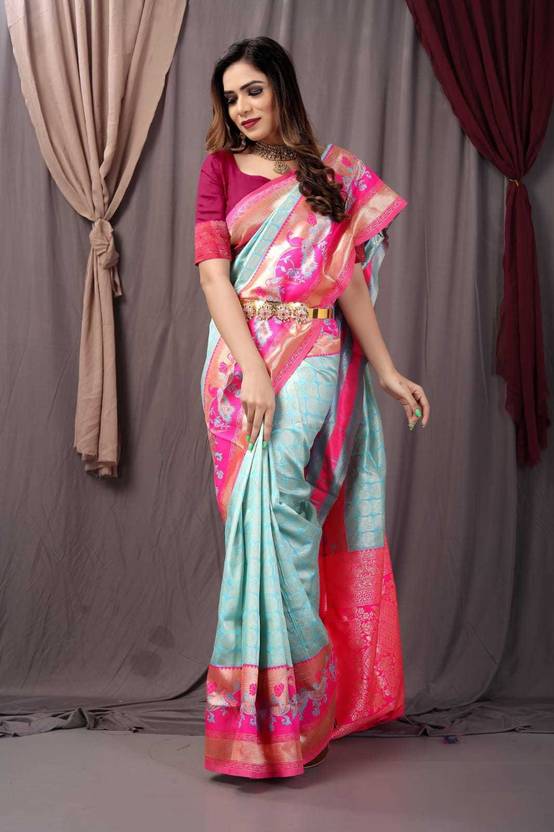 Buy SILK SAREE HUB Woven Kanjivaram Jacquard, Pure Silk Light Blue