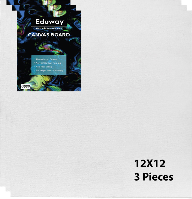 Eduway 12x12 Inch Canvas Board, 100%Cotton Fine Grain with 4mm MDF Board Backing Cotton Medium Grain Primed Canvas Board (Set of 3)(White)