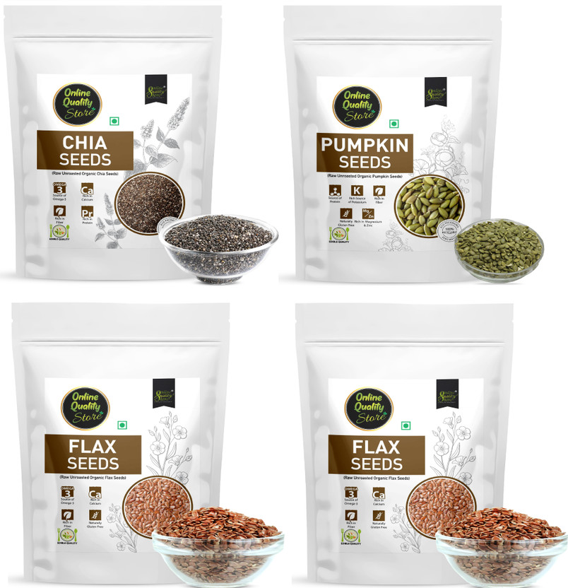 Online Quality Store Organic Combo of Flax Seeds & Chia Seeds, Pumpkin Seeds -400gm(100gm x 4 Pack) Mixed Seeds(4 x 100 g)