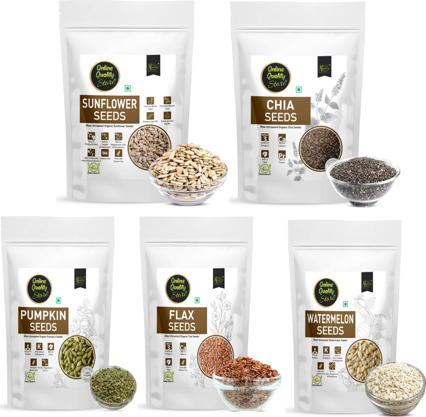 Online Quality Store Organic Combo of Chia, Watermelon, Pumpkin,Sunflower,Flax Seeds-500gm(100gm x 5) Mixed Seeds(5 x 100 g)