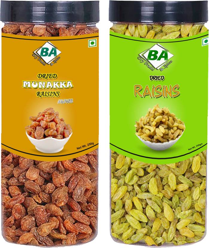 BA Dryfruits and Spices Premium Munakka Abjosh Raisin 250g, Green