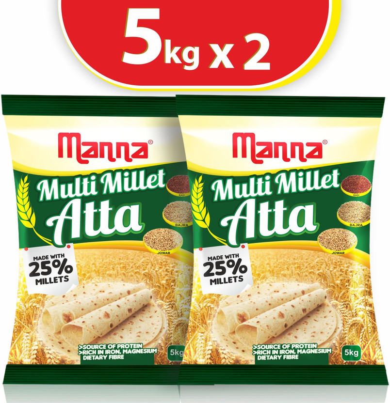 Manna Multi Millet Atta - 5kg - MultiGrain Atta with 25% Millets, Tasty and Healthier Rotis everyday. 100% Natural Flour. Nutrient Powerhouse(10 kg, Pack of 2)