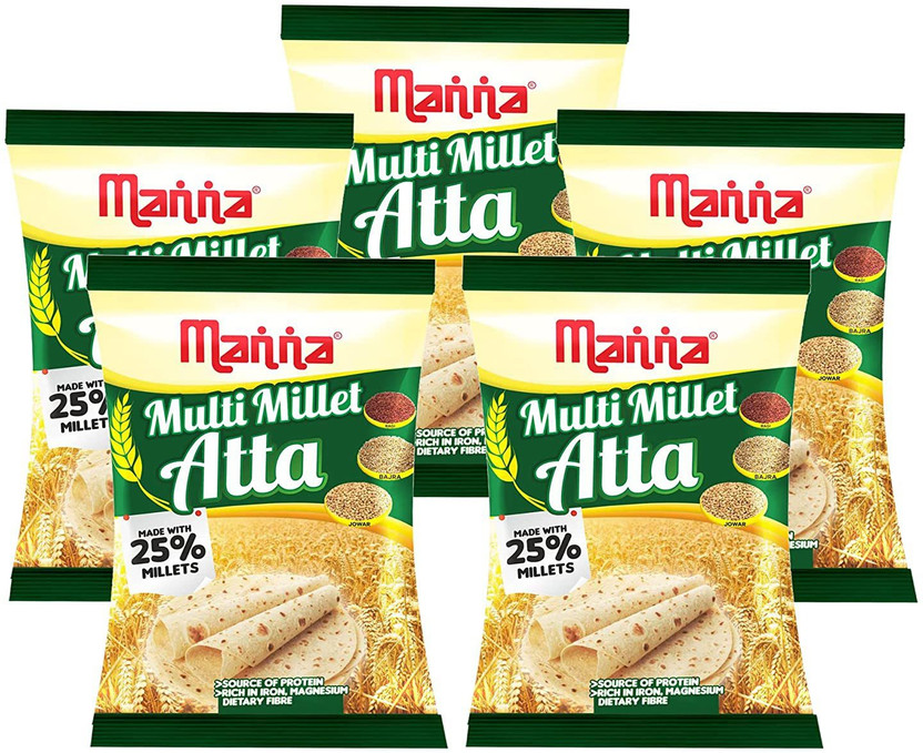 Manna Multi Millet Atta - 5kg (1kg x 5 Packs) - MultiGrain Atta with 25% Millets, Tasty and Healthier Rotis everyday. 100% Natural Flour. Nutrient Powerhouse(5 kg, Pack of 5)