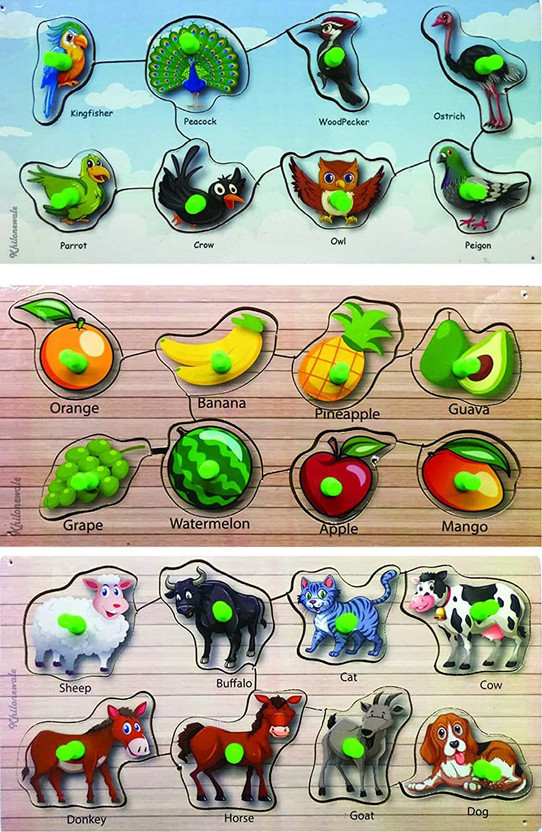 Khilonewale Wooden Puzzle with Knobs Educational Toy for Kids Birds + Fruit+ Domestic Animal(Multicolor)