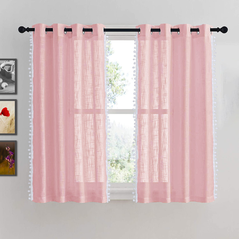 HOMEMONDE 152 cm (5 ft) Window Cotton Transparent Curtain (Pack Of 2)(Pink Border Pompom, Embroidered)