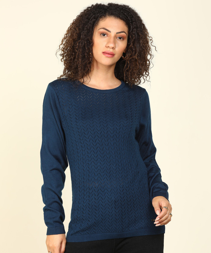 Round Neck Casual Women Blue Sweater 