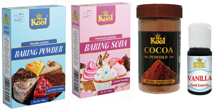 Mr.Kool Rich & 100% Natural Cocoa powder 100gm | Liquid food essence Vanilla 20ml | Premium Double Action Baking Powder 100 gm | Baking Soda Premium Quality Baking Soda Powder (100 g) | Combo(320 g)