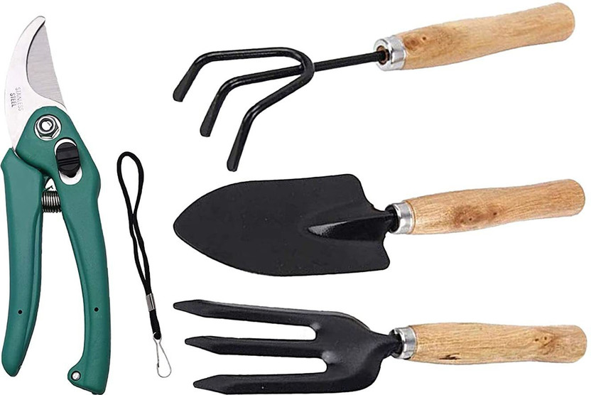 Green India Garden Tool Set Big Trowel, Hand Fork, Hand Rake & Pruner for Gardening Garden Tool Kit(4 Tools)