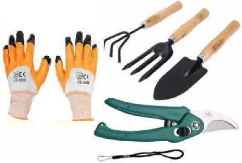 Green India Garden tool set cultivator,fork,trowel with flower cutter,reusable orange gloves Garden Tool Kit(5 Tools)