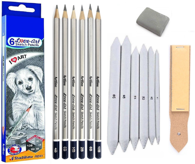 Craftacious Artline Love-Art Sketch Pencil, 6Pc Blending/Smudging Stump, Eraser & SandPaper