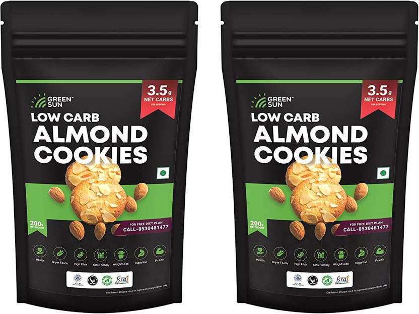GREEN SUN Low Carb | 0.5 g Net Carb | Keto Friendly| Sugar Free| Almond Cookies Biscuit(2 x 200 g)