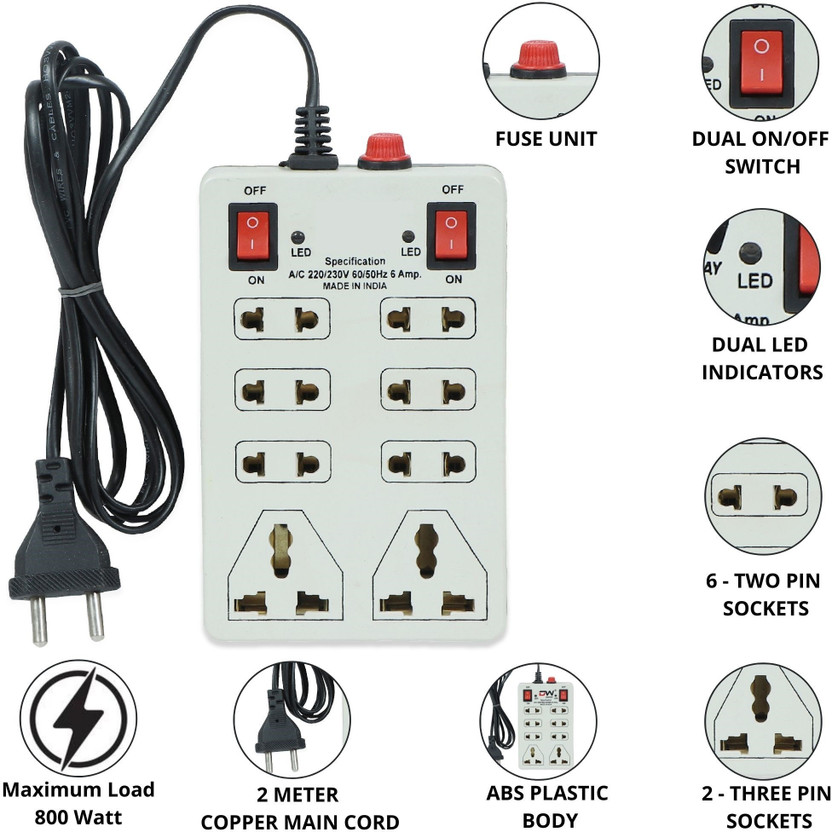 DIGWAY 8 Socket 1 Switch Mini Extension Cord Surge Protector-2.0 Meter Cord Length 8  Socket Extension Boards(Beige, 2.5 m)