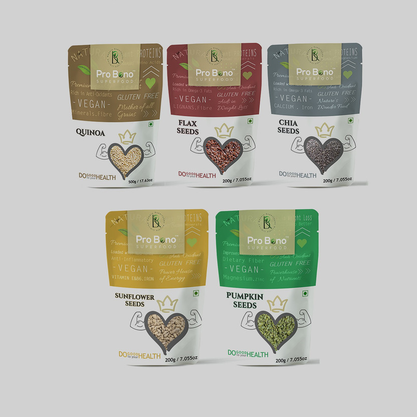 Beeare superfoods PROBONO Combo Healthy Chia, Pumpkin, Sunflower, Flax,Quinoa Seeds Pumpkin Seeds, Quinoa Seeds, Brown Flax Seeds, Sunflower Seeds, Chia Seeds(5 x 40 g)