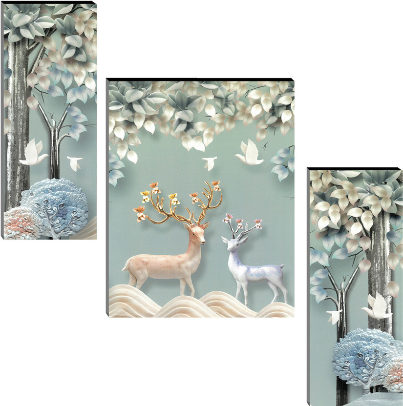 Indianara Set of 3 Deers MDF Art Painting (4064FL) without glass Digital Reprint 18 inch x 12 inch Painting(With Frame, Pack of 3)