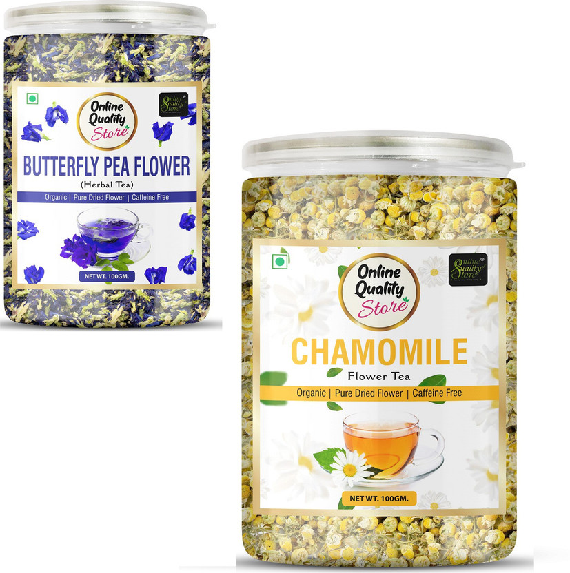 Online Quality Store Organic Butterfly Pea Flower, Chamomile Flower Herbal Tea Combo- 100g Each Chamomile Herbal Tea Mason Jar(2 x 100 g)