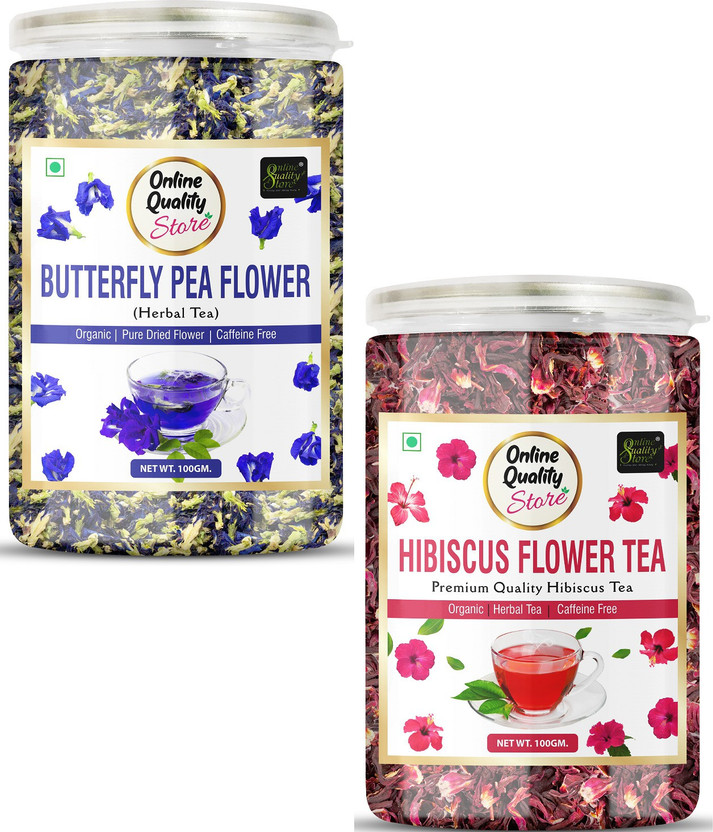 Online Quality Store Organic Hibiscus Flower Tea-100g & Butterfly Pea Flower Tea- 100g |Herbal Tea Hibiscus Herbal Tea Mason Jar(2 x 100 g)