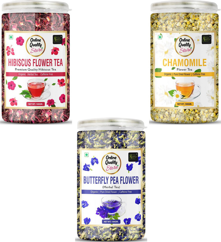 Online Quality Store Combo of Butterfly Pea Tea, Hibiscus Flower Tea, Chamomile Flower Tea -100g Each Hibiscus, Chamomile Herbal Tea Mason Jar(3 x 100 g)