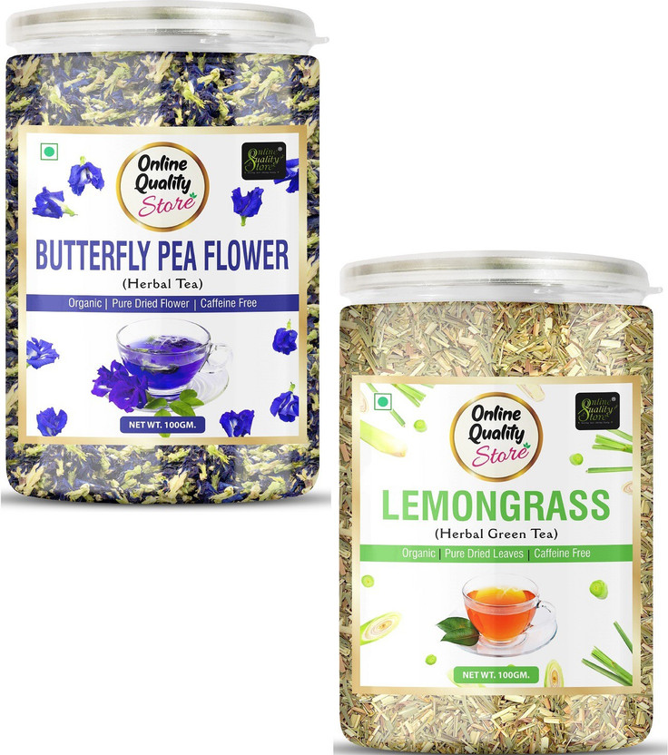 Online Quality Store Butterfly Pea Flower Tea, Lemongrass Herbal Tea Combo-200g Each | Reduce Stress Lemon Grass Herbal Tea Mason Jar(2 x 100 g)