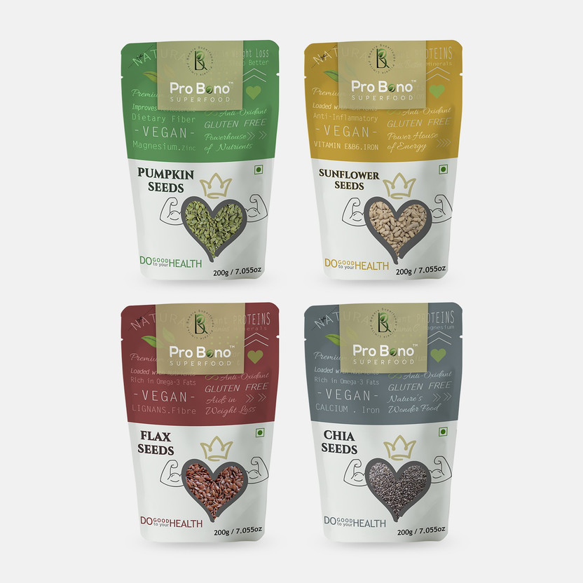 Beeare superfoods PROBONO Combo of Edible Seeds Healthy Chia, Pumpkin, Sunflower, Flax seeds Brown Flax Seeds, Chia Seeds, Sunflower Seeds, Pumpkin Seeds(4 x 50 g)