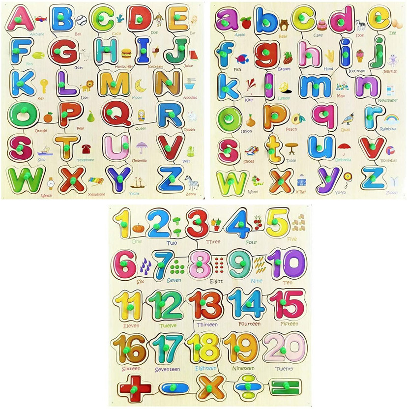 Khilonewale Set of 3 Wooden Board Capital & Small Alphabet Along with Number Board Puzzles(Multicolor)