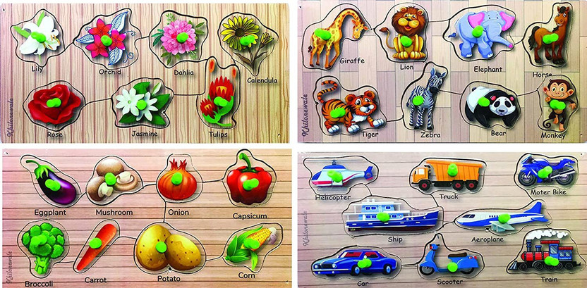 Khilonewale Combo of 4 Wooden Puzzle Board ~ Animal, Transport, Vegetables, Flower(Multicolor)