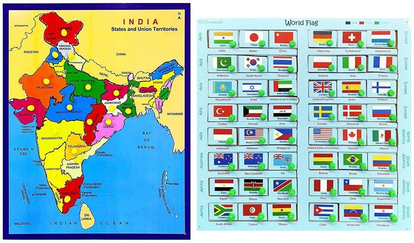 Khilonewale Wooden Puzzles Set of Wooden 48 Country Flags & India Map with Knobs(Multicolor)